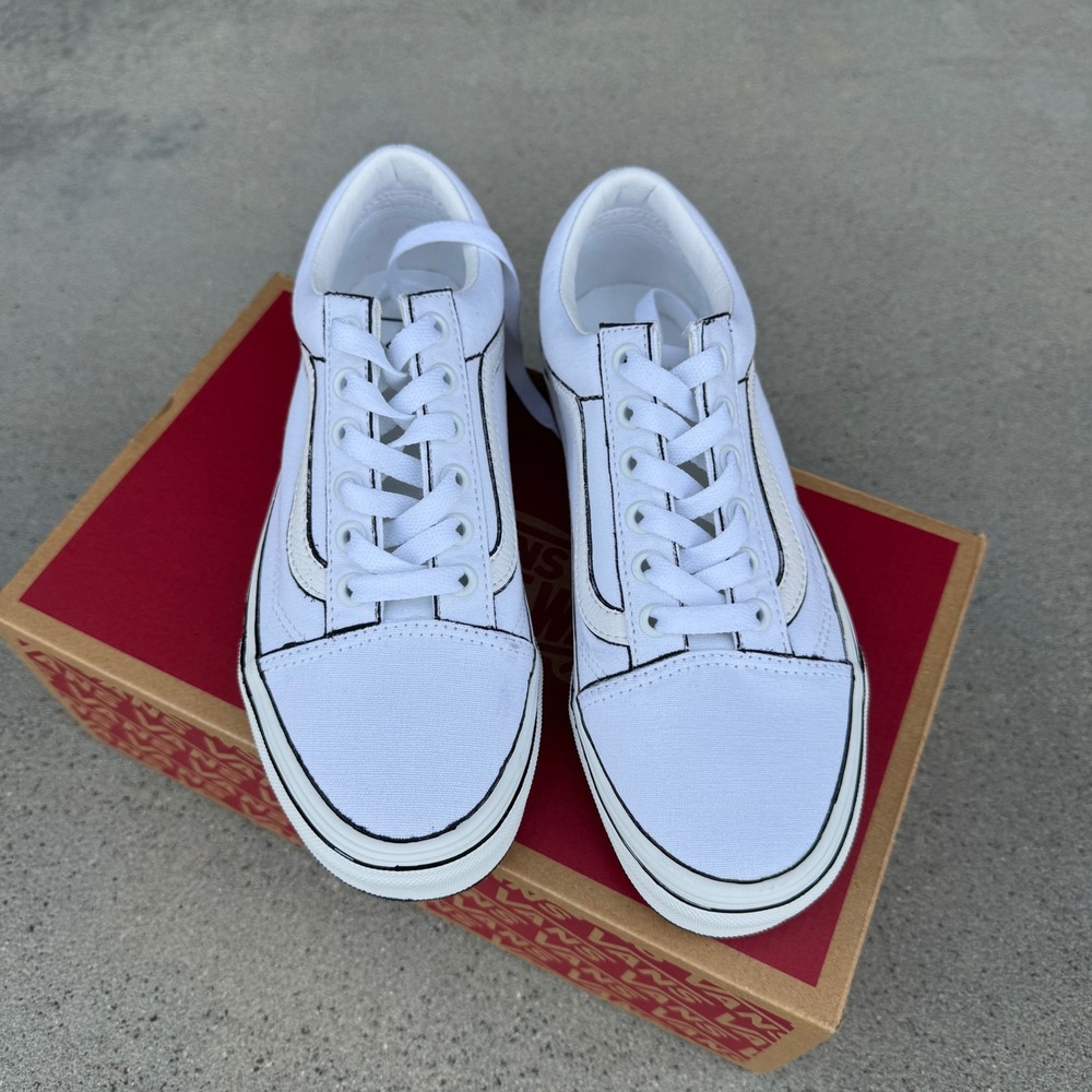 Vans Old Skool Size 5.5 Canvas Outline Sketch Shoes White Men